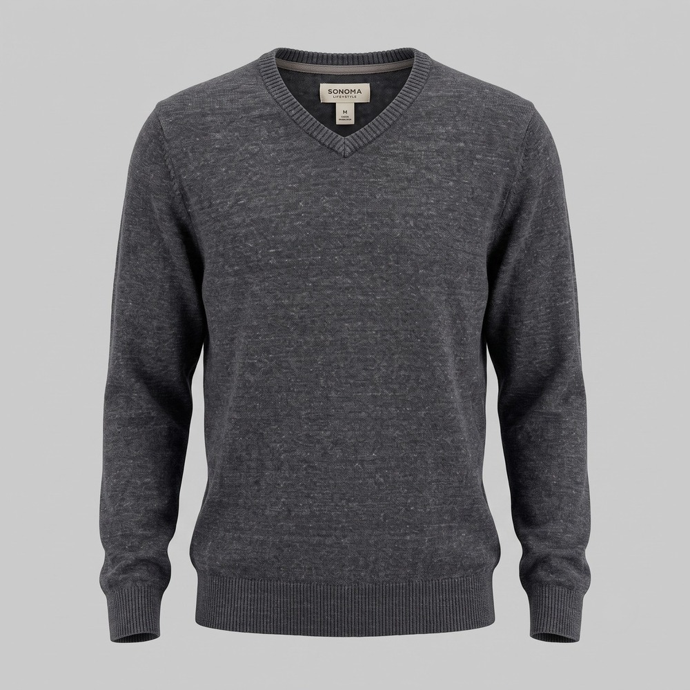 Sonoma Mens M Gray‎ Sweater V-Neck Pullover Marled 100% Cotton Long Sleeve